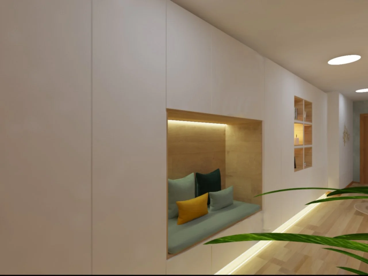 Sala de estar com parede de madeira, bancada com almofadas verdes, amarelas e cinzas, iluminação embutida e prateleiras de madeira na parede