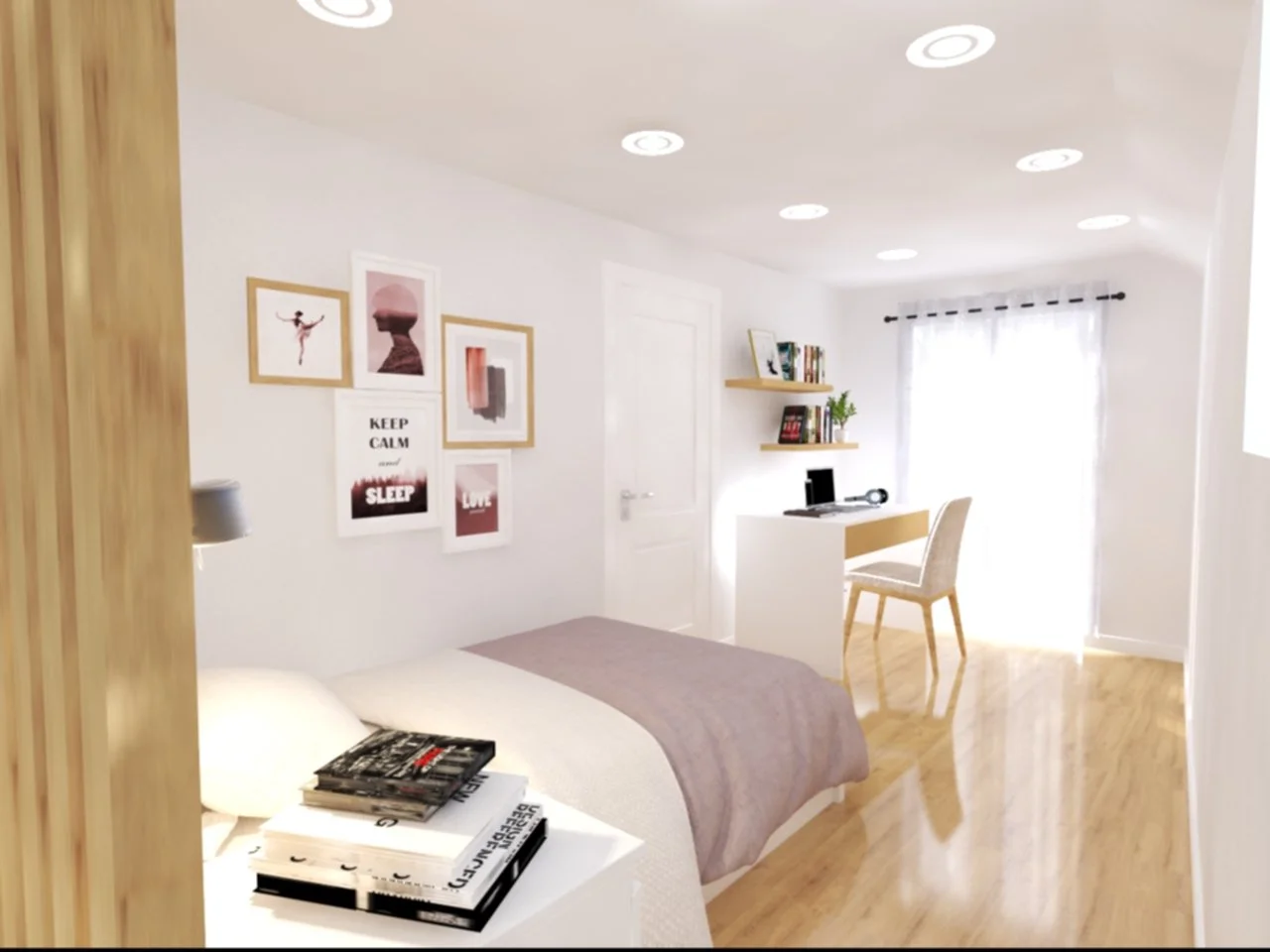 Quarto com parede branca, uma cama com roupa branca e cobertor cinza, mesa de cabeceira com revistas, parede decorada com quadros, área de estudos com mesa branca, cadeira bege, estantes com livros e plantas, janela com cortina branca