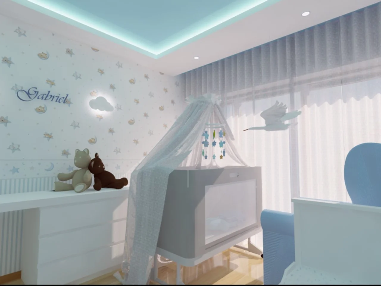 Coração de quarto de bebê decorado em cores azuis e brancas, com brinquedos de ursinho, móbile de estrelas e nuvem, e artes decorativas no wall.