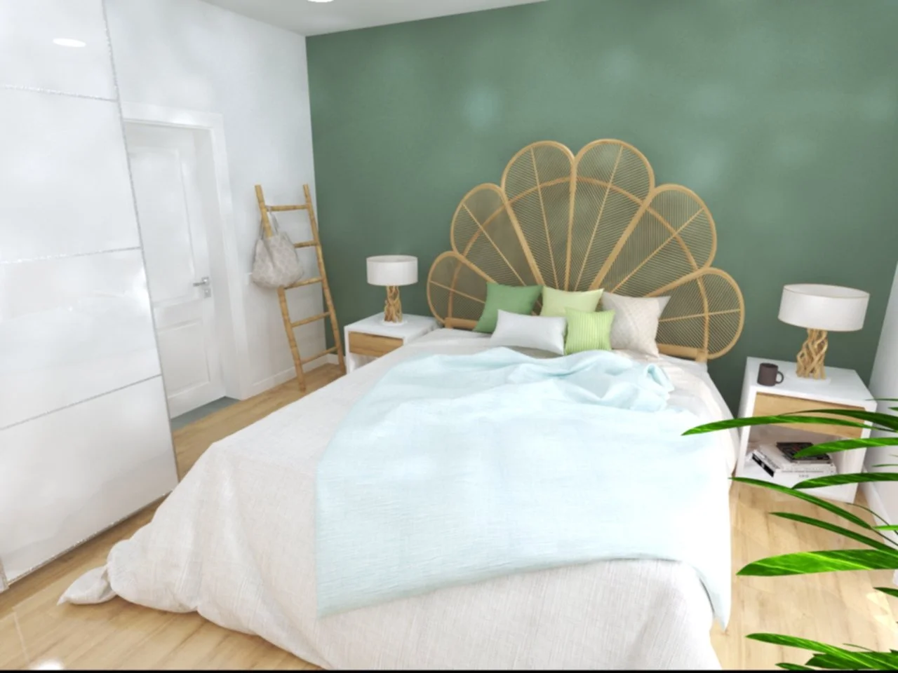 Home Staging de Moradia, Torres Vedras.
Perspetiva de Quarto de decoração Boho, com cabeceira de madeira decorativa, e candeeiros com elementos naturais e plantas.