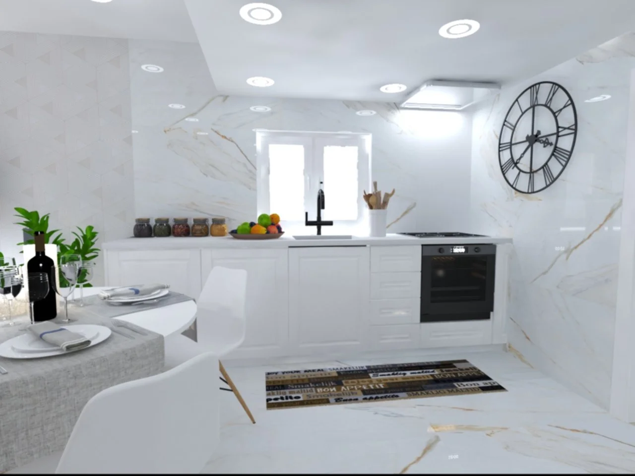 Cozinha moderna com paredes de mármore branco, janelas, relógio de parede grande, bancada com pia, utensílios de cozinha, jarra com utensílios, pratos com frutas, mesa de jantar com taças, garrafa de vinho e cadeiras brancas.