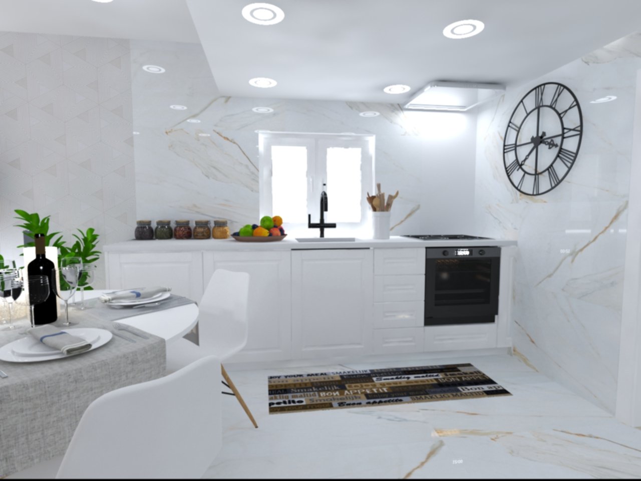 Home Staging de Moradia, Torres Vedras.
Cozinha moderna com paredes de mármore branco e móveis brancos com puxador integrado, para maior aspeto minimalista, contribuindo também para uma maior noção de ampliação de espaço.
