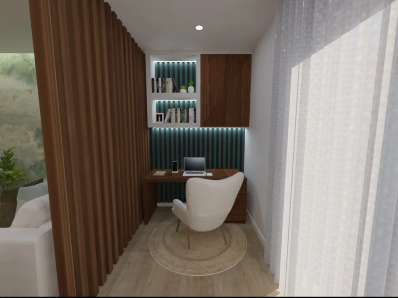 Escrivaninha com computador, cadeira branca, prateleiras com livros e objetos decorativos, parede com painel de ripas verdes e iluminação embutida ao fundo, cortinas transparentes à direita.