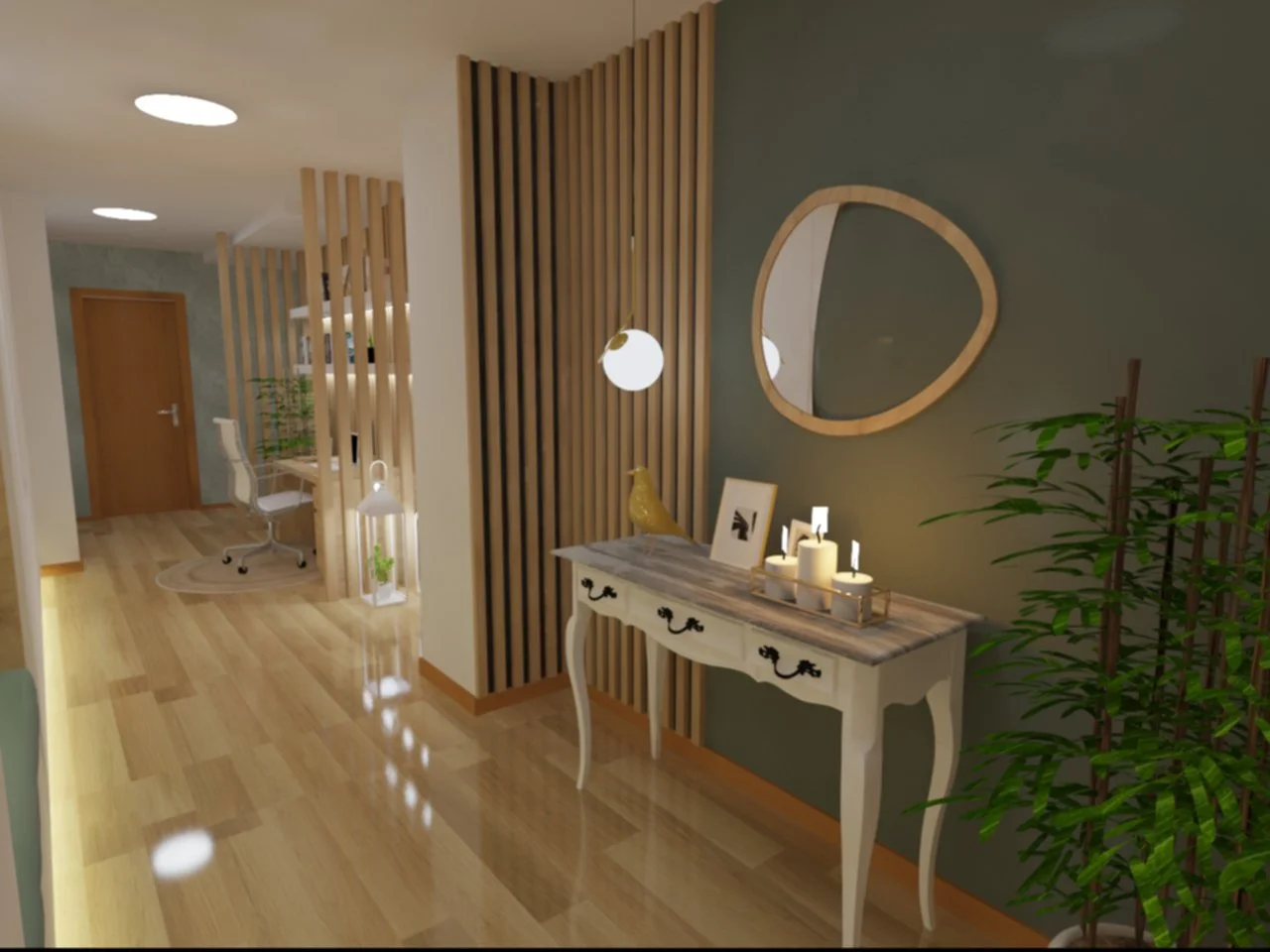 Interior de sala com parede verde, espelho oval, console branco com decoração de velas, quadro e vaso com pássaros, parede de madeira com plantas ao lado.