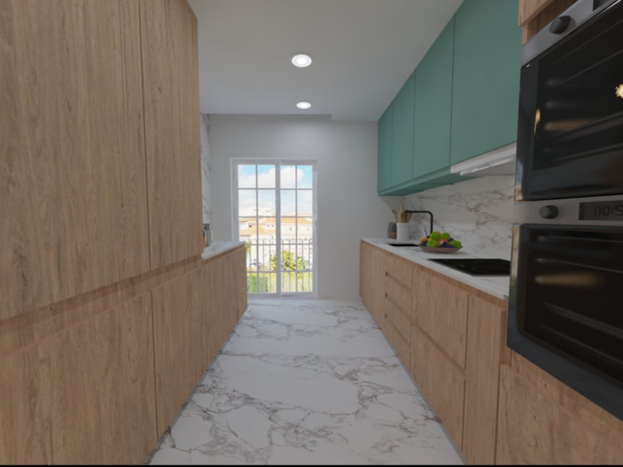 Cozinha moderna com armários de madeira clara, paredes brancas, bancada branca com mármore, e janelas grandes com vista para o exterior.