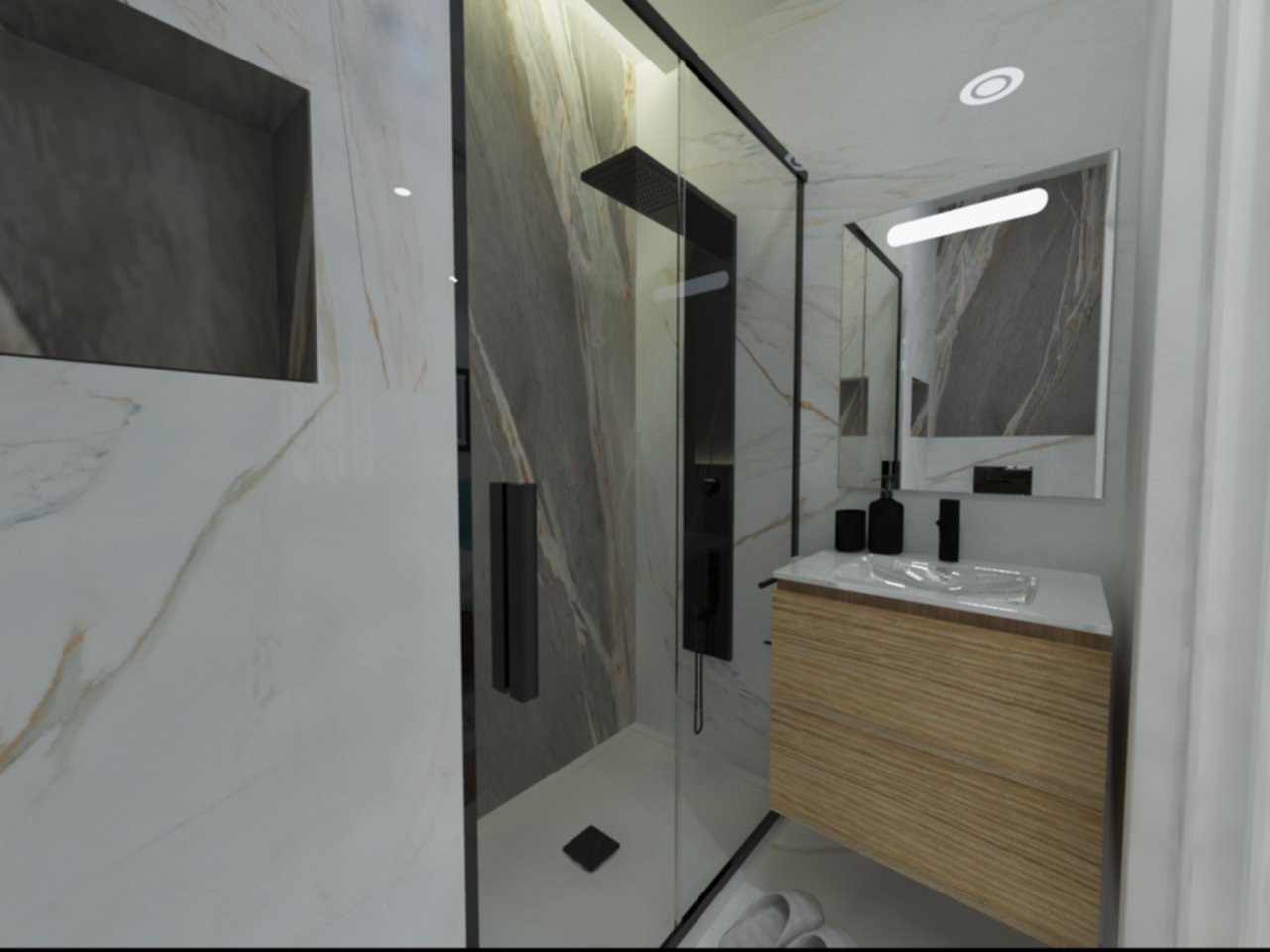 Banheiro moderno com paredes de mármore, espelho grande, pia com bancada de madeira, sabonete líquido e recipientes de cosméticos pretos, iluminação embutida.