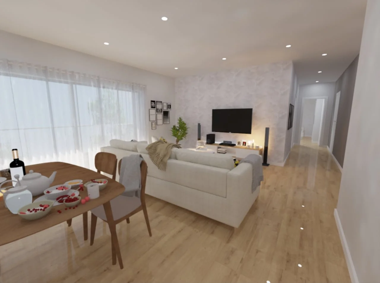 Home Staging 3D de Apartamento em Quarteira, Algarve.
Perspetiva de Sala com cozinha em Open-Space. Decoração envolvente, suportada na escolha de uma palete de cores pastel e mobiliário contemporâneo. Sofá bege, móvel de TV , papel de parede e uma me