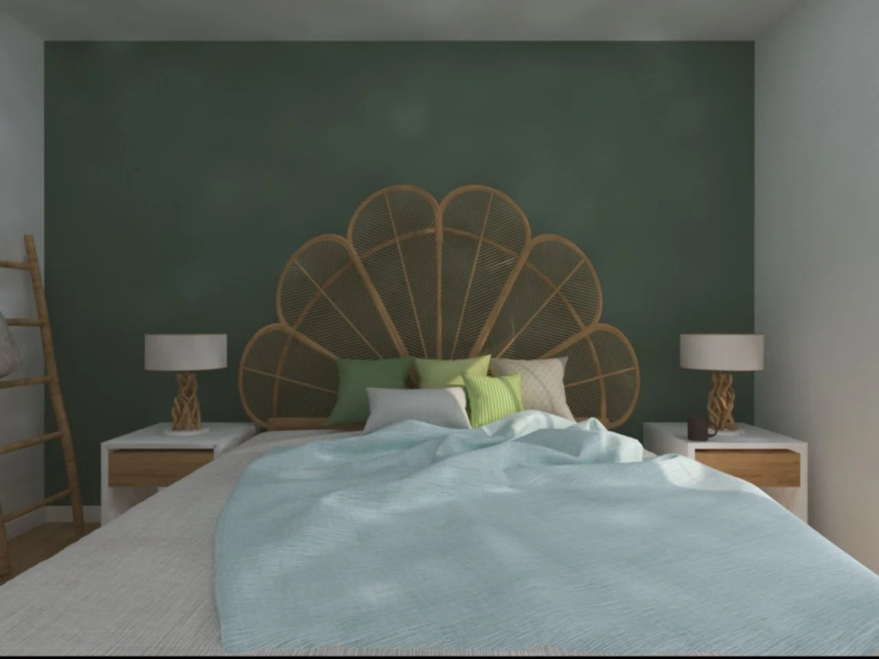 Home Staging de Moradia, Torres Vedras.
Perspetiva de Quarto de decoração Boho, com cabeceira de madeira decorativa, e candeeiros com elementos naturais.