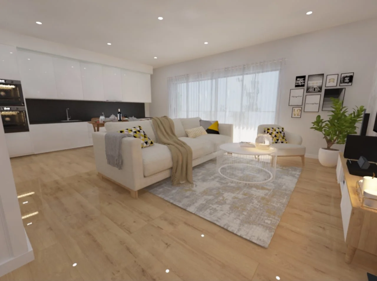 Sala de estar moderna com sofá branco, decorada com almofadas e manta, mesa de centro redonda de vidro, tapete bege e um mural de quadros na parede ao lado de uma planta verde