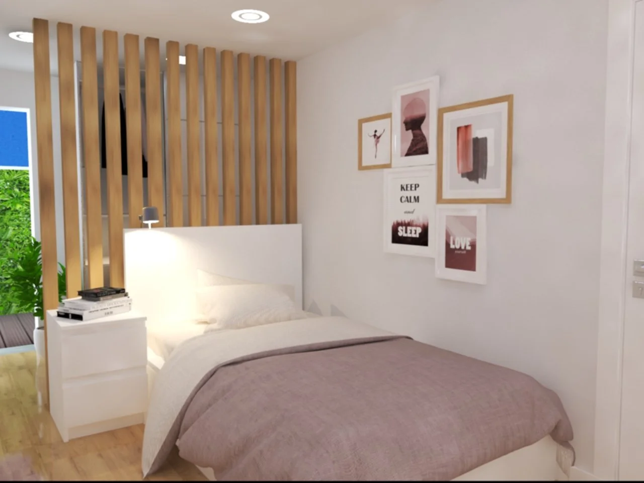 Quarto com parede branca, cama com mantas lilás, painel de ripas de madeira na cabeceira, quadros decorativos na parede, incluindo um com o texto 'Keep Calm and Sleep', e uma pequena mesa ao lado da cama com livros e um abajur