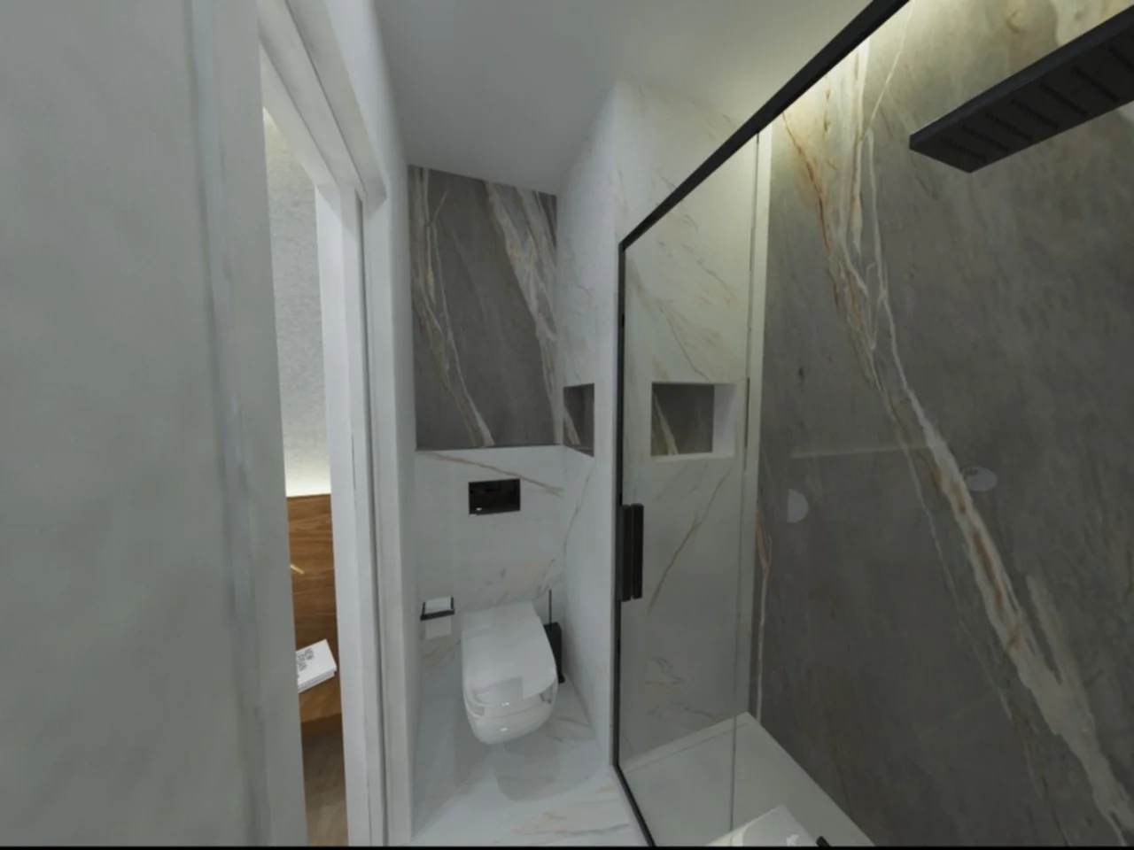 Banheiro moderno com parede de mármore cinza com veios dourados, vaso sanitário branco, espelho grande, janela de vidro e portas de vidro com moldura preta.