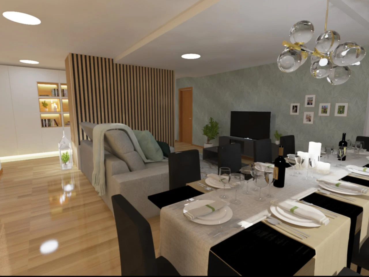 Sala de jantar e estar decorada, com mesa posta, sofá, televisão, prateleira com livros, paredes decoradas com quadros e plantas