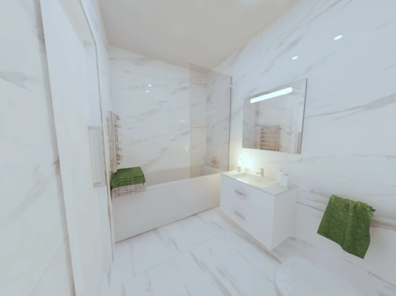 Banheiro com paredes de mármore branco, pia branca com espelho acima, toalhas verdes e iluminação moderna.