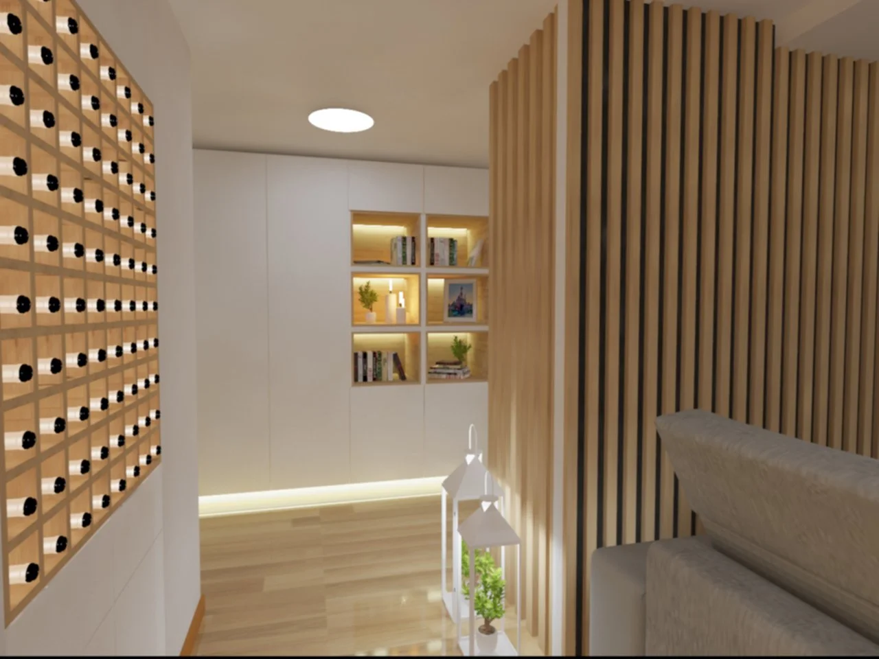 Interior de sala moderna com prateleiras de madeira, iluminação embutida e decoração minimalista, incluindo livros, plantas e imagens.