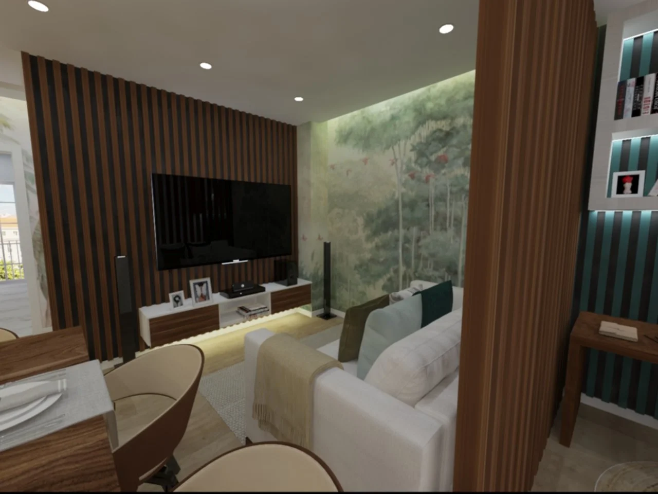 Sala de estar moderna com parede de madeira escura, sofá branco, parede com mural de floresta, televisão grande e bancada de entretenimento.