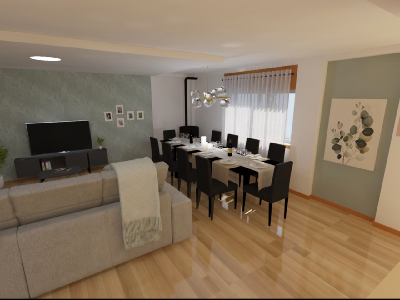 Sala de jantar com mesa para oito pessoas, cadeiras pretas, cortina branca, parede com quadro de arte e uma TV no fundo, ambiente bem iluminado e decorado com plantas.