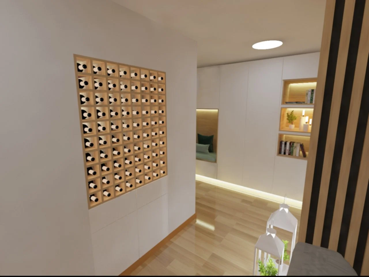 Decoração com nicho de livros e espaço para leitura, parede com prateleiras de madeira e iluminaçao embutida, parede branca, piso de madeira clara, detalhes de iluminação e elementos decorativos.