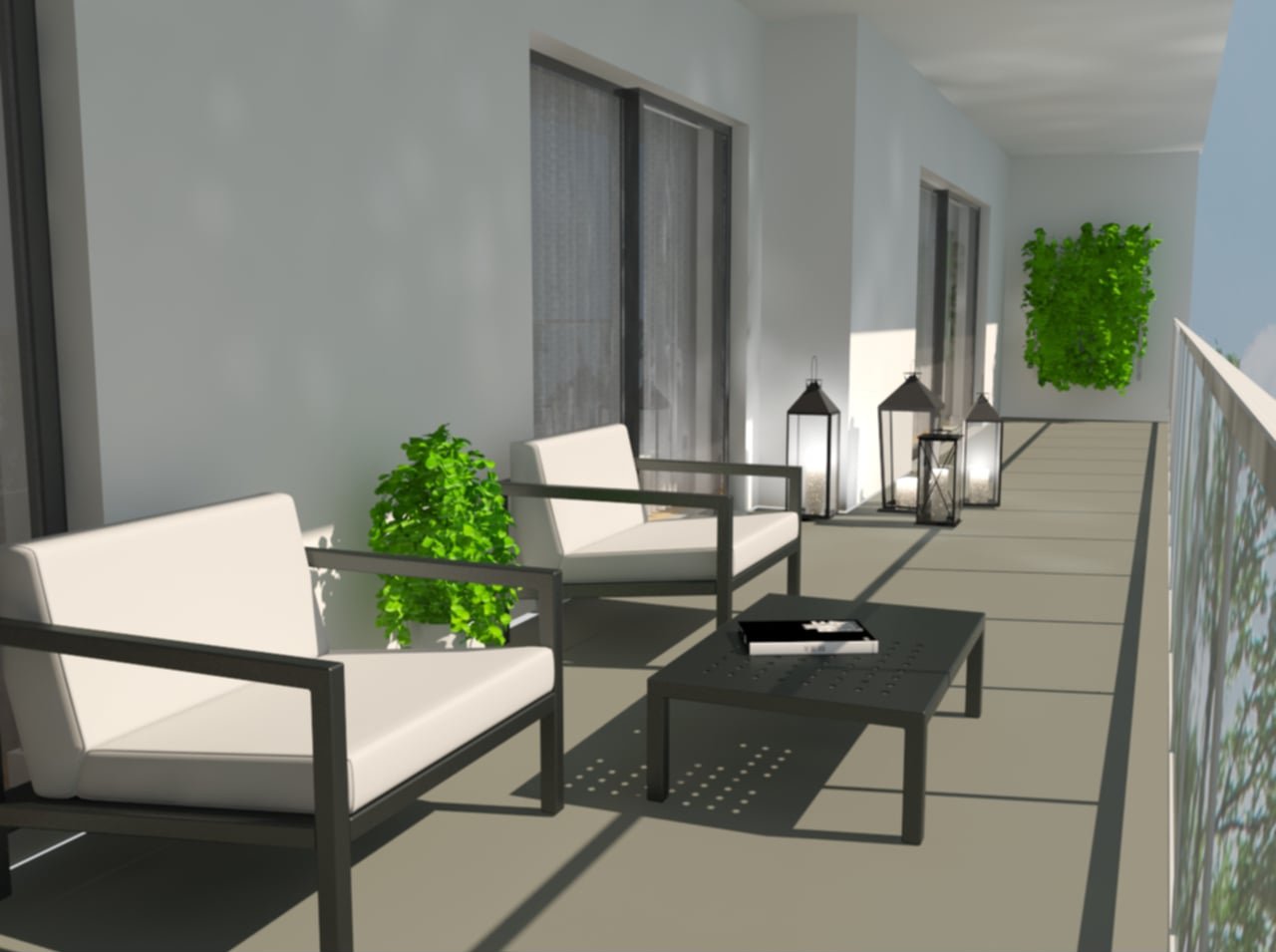 Varanda com duas poltronas brancas e uma mesa preta, decorada com plantas verdes e lanternas.