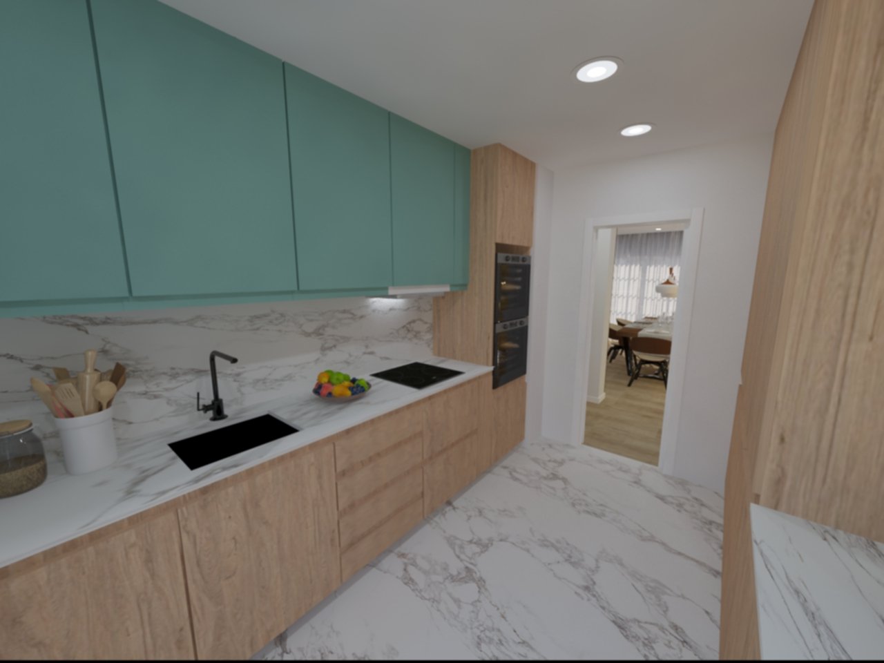 Cozinha moderna com armários verdes, bancada de mármore, pia preta, maçã na bancada, eletrodomésticos embutidos e piso de mármore.