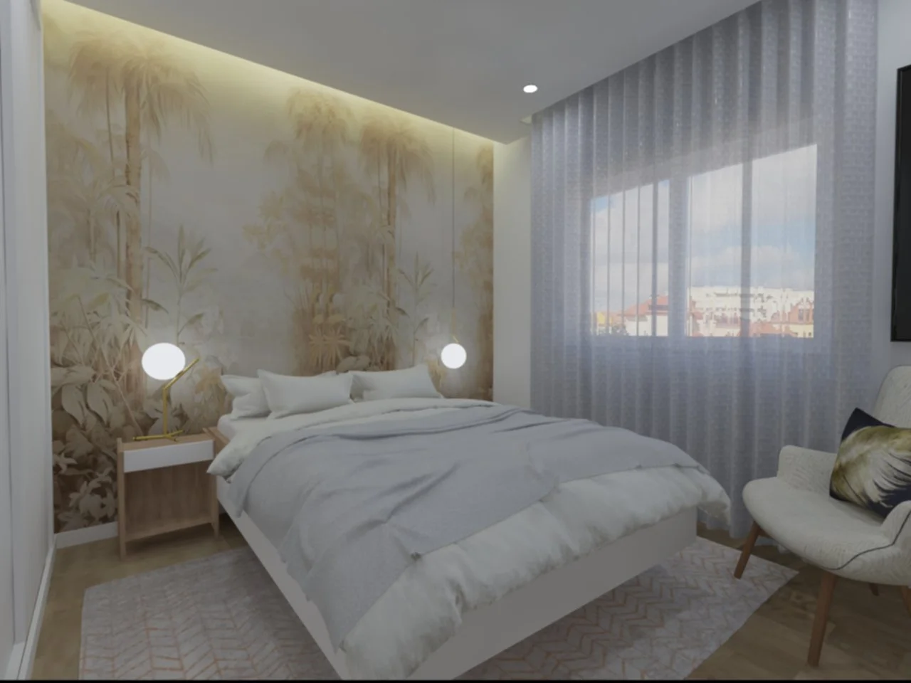 Quarto contemporâneo com parede de papel de parede com padrão floral em tons de bege, cama com roupas brancas, duas lâmpadas de cabeceira, grande janela com cortina translúcida, cadeira de canto branca com almofada decorativa, piso de madeira e tapet