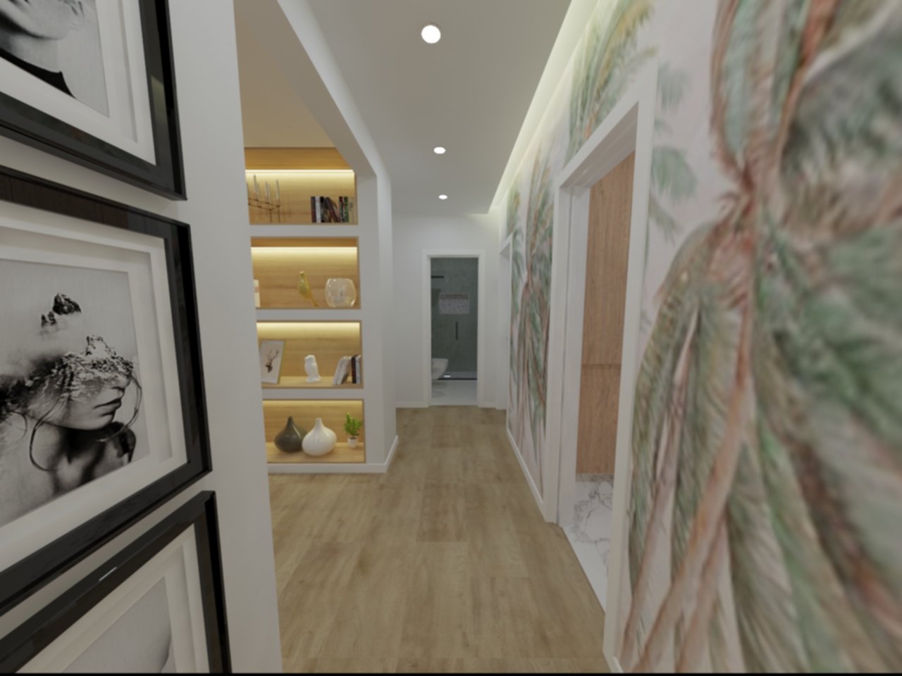 Corredor de casa moderna com piso de madeira e paredes decoradas com quadros artísticos e papel de parede floral, iluminação embutida no teto.