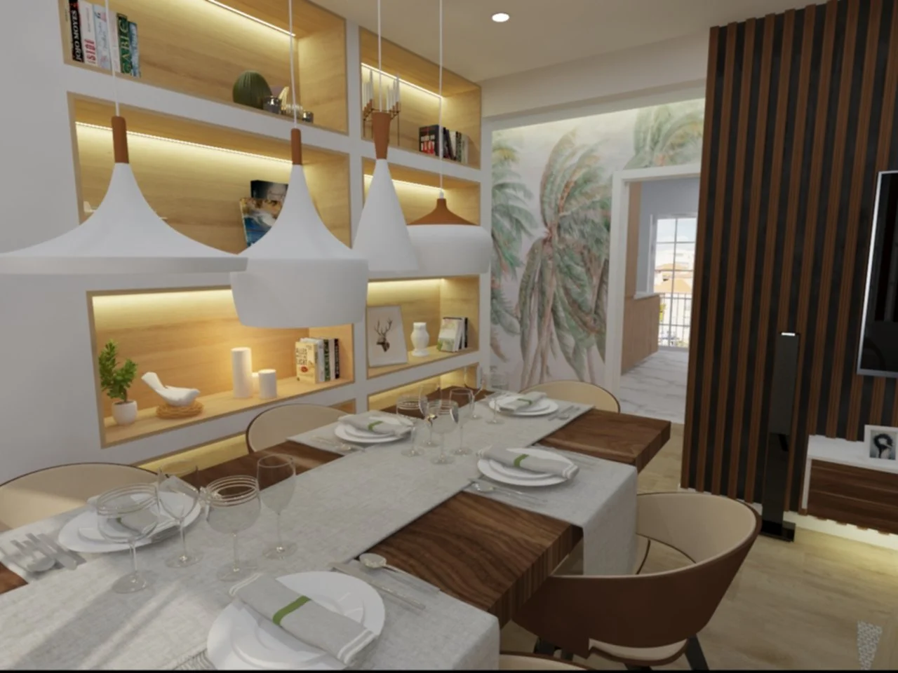 Sala de jantar com mesa e cadeiras, iluminação moderna com pendentes brancos, prateleiras decorativas com livros e objetos, parede com pintura de árvores e janela com vista para varanda.