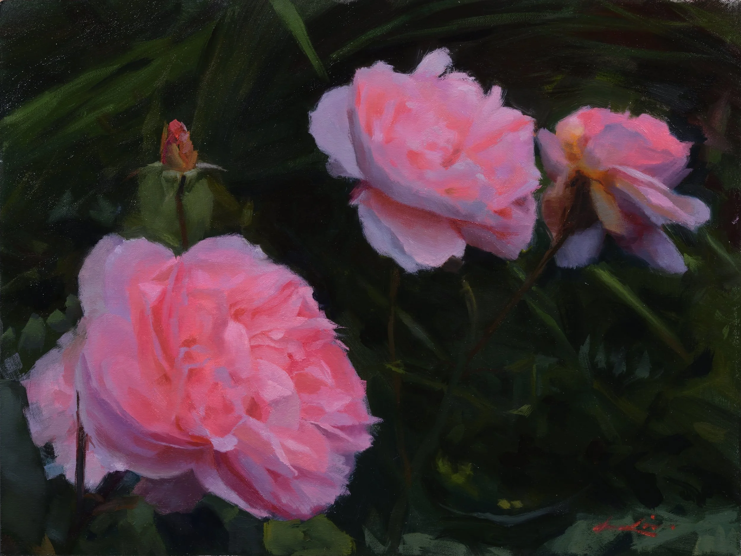 "Three Pink Roses", 30 x 40 cm, oil on panel