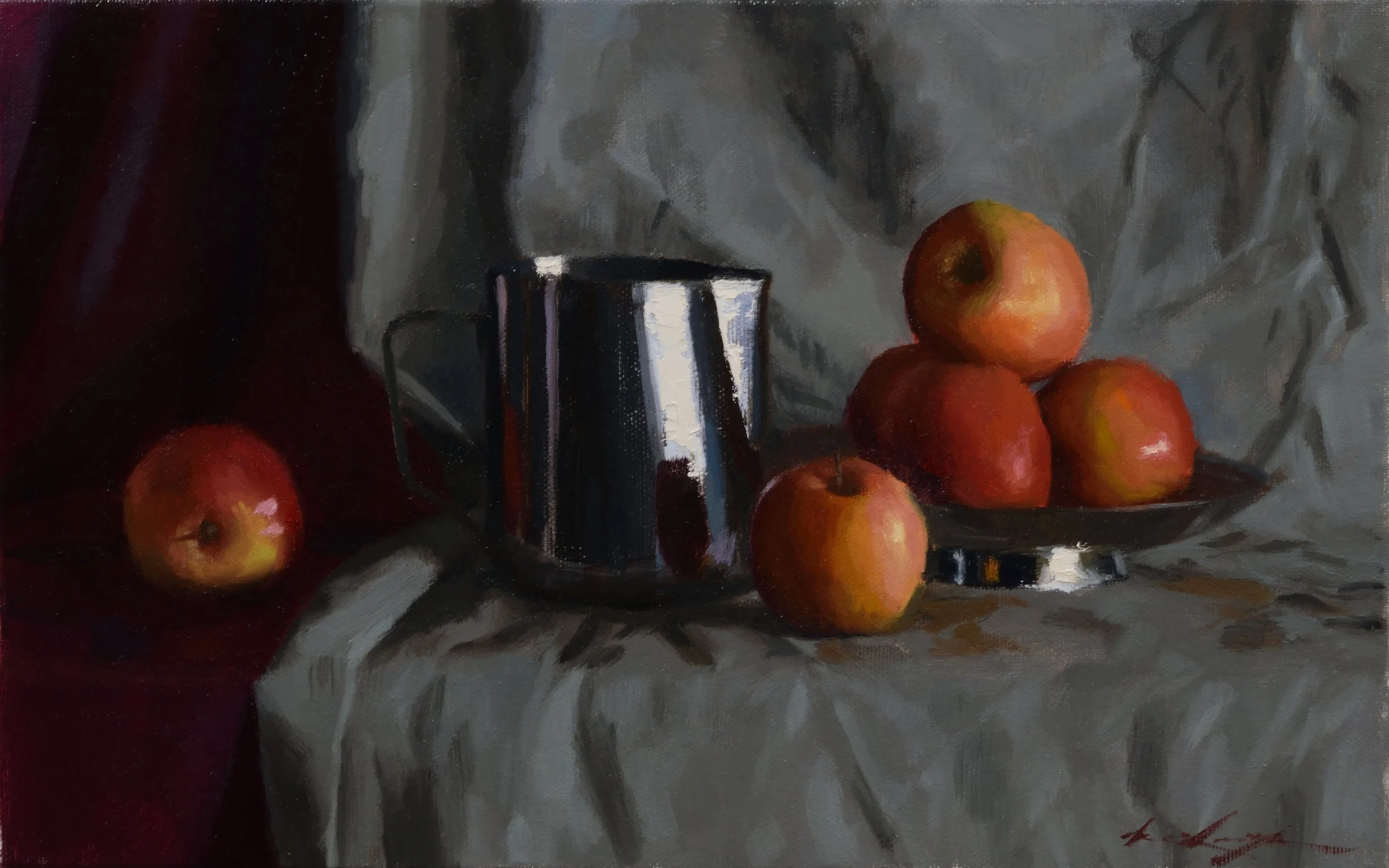"Steel Jug with Apples", 26 x 41 cm, oil on canvas