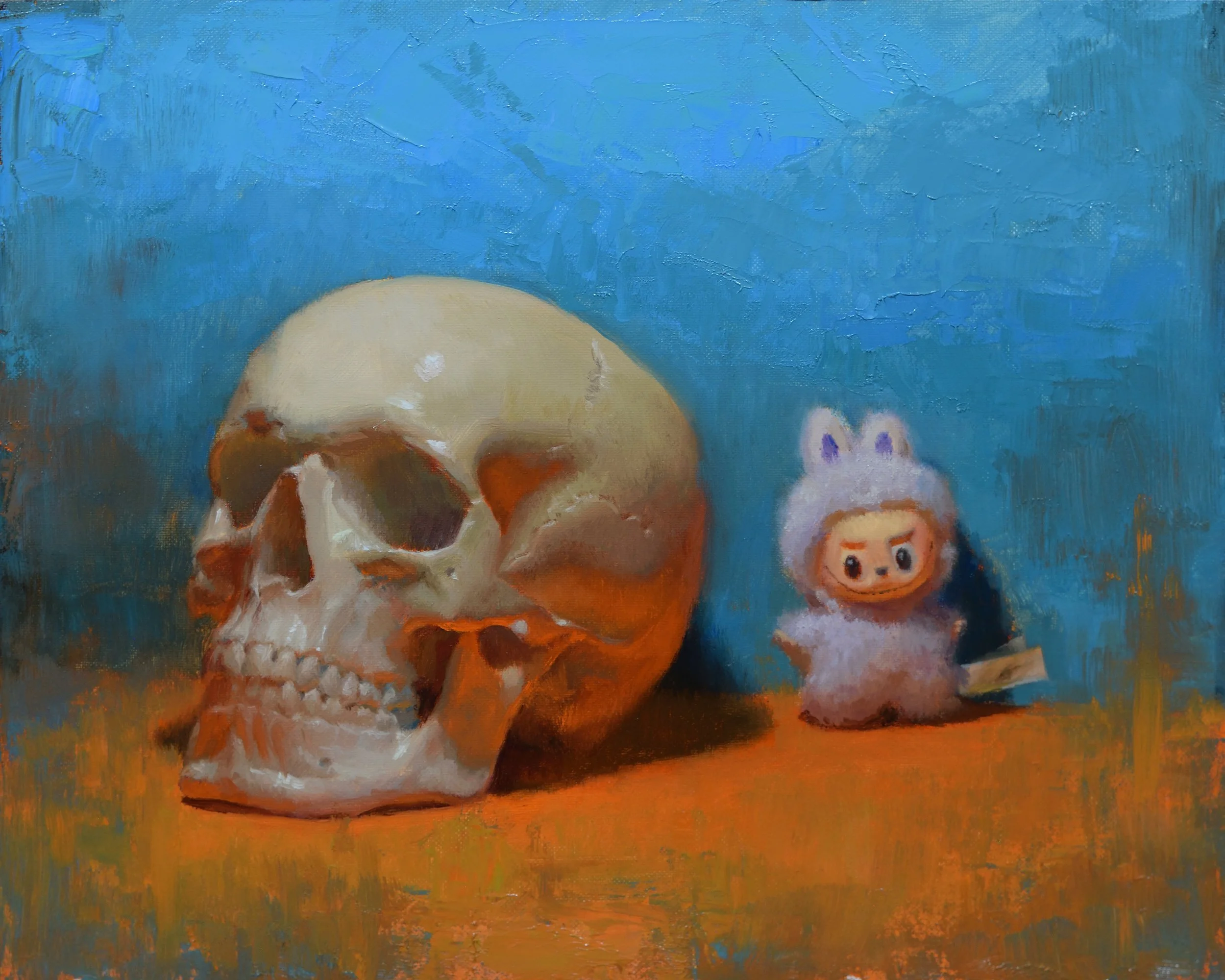 "Labubu with Skull", 24 x 30 cm, oil on panel