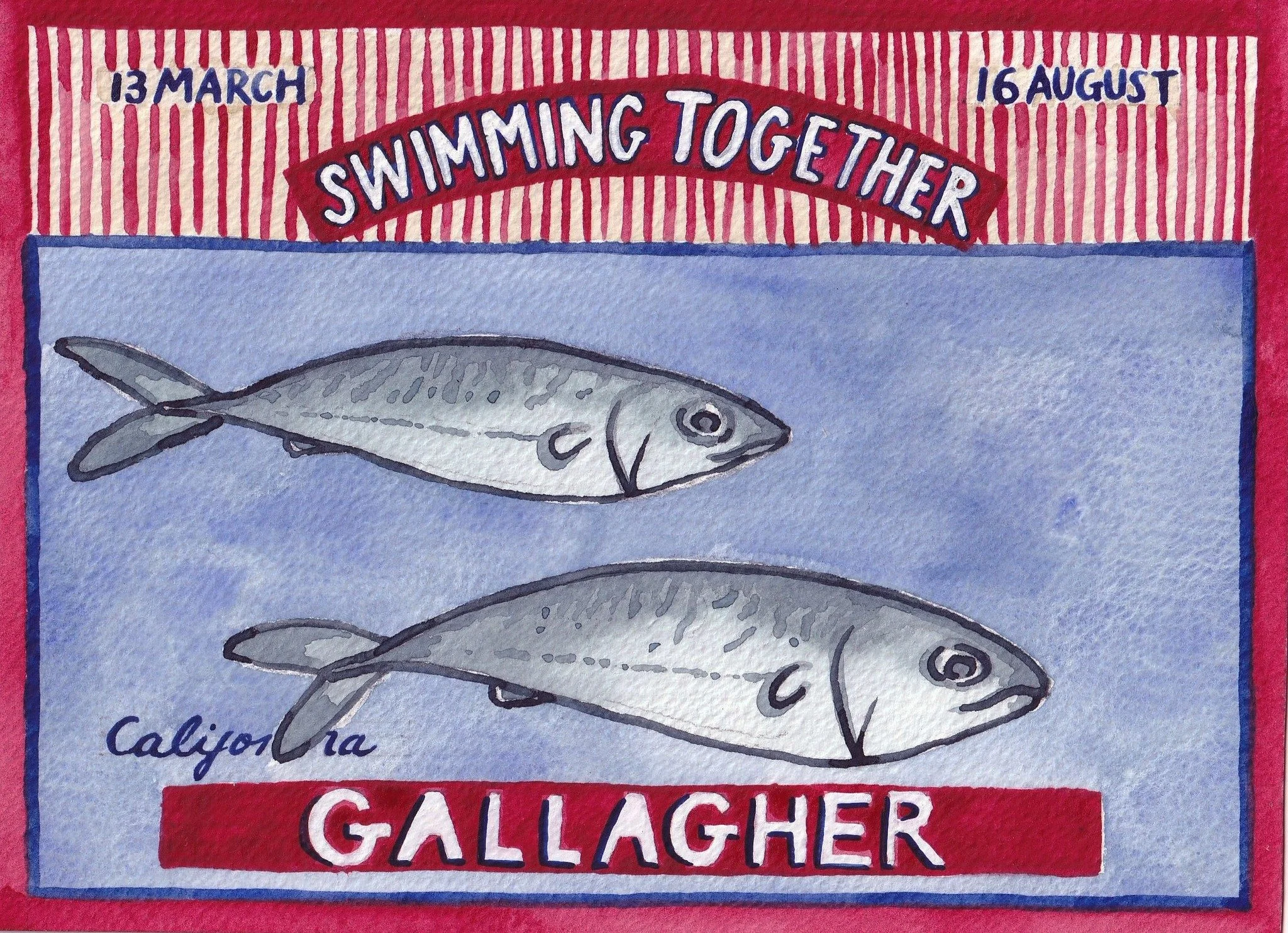 Postcard number three for the 'letters home' project 🐟

Halfway through the month we went to Monterey Bay Aquarium and I was inspired by the old tinned fish labels on display for the cannery factories that used to stand on Cannery Row.  The postcard