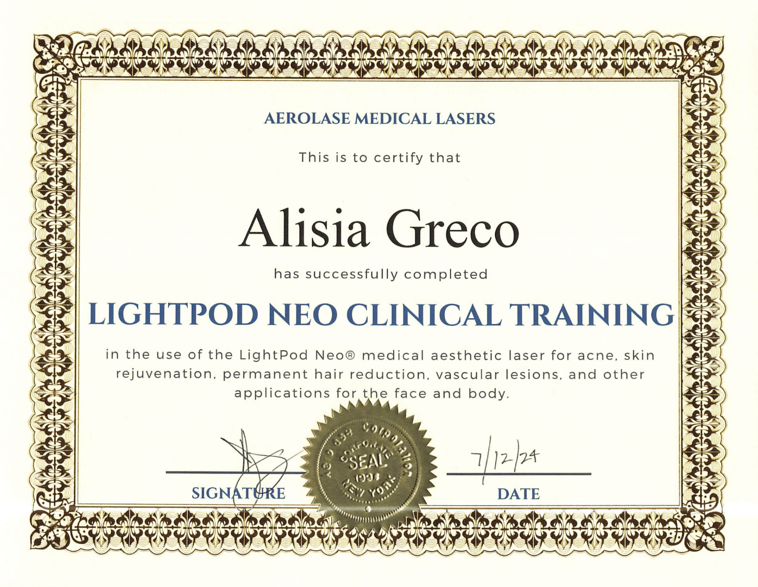 Certificate of completion for Alisia Greco in LightPod Neo clinical training for laser treatments, featuring ornate gold border, signature, date, and gold seal.