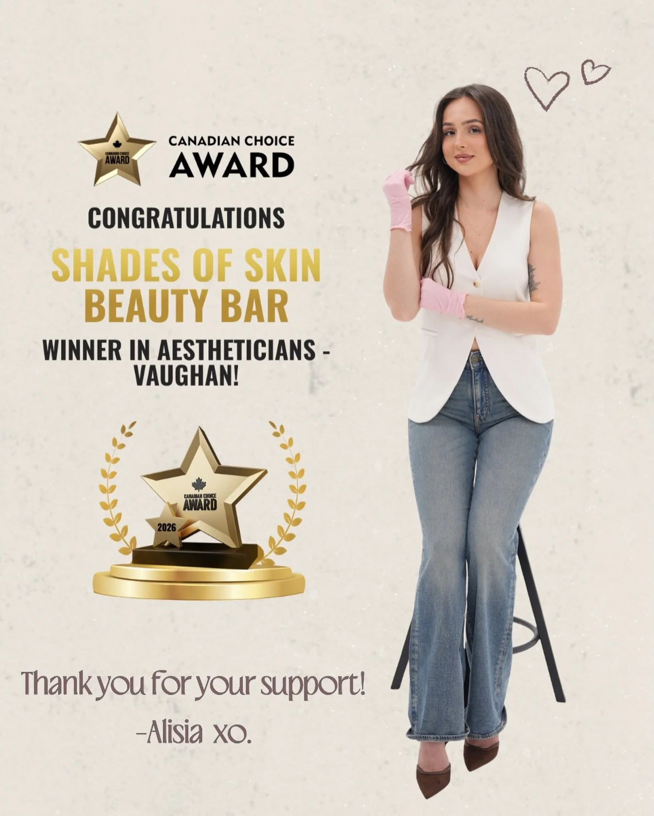 Thank you to those of you that have chosen Shades of skin as your top nomination! 🤍I am proud to announce that we are the winners in the Esthetician category of Vaughan for the SECOND year in a row 🏆

I am so grateful that my work in the esthetics 
