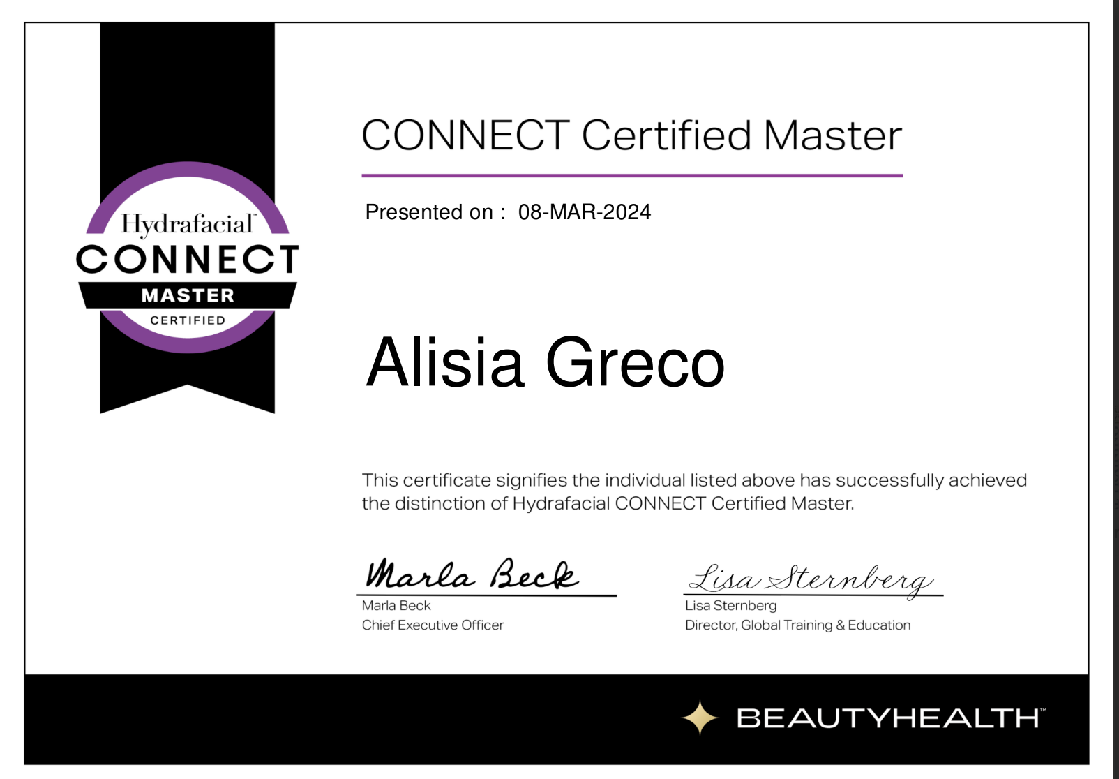 Hydrafacial CONNECT Certified Master certificate awarded to Alisia Greco, dated March 8, 2024, with logos and signatures.