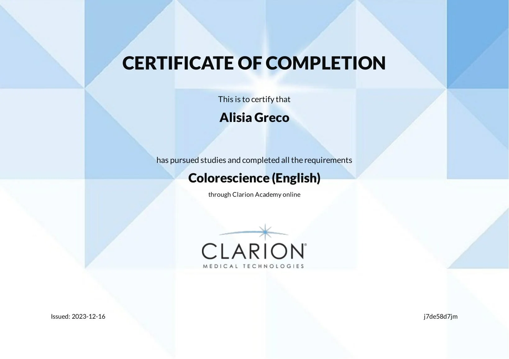 Certificate of completion from Clarion Medical Technologies awarded to Alisia Greco for completing a course in ColorScience (English) online, issued on December 16, 2023.