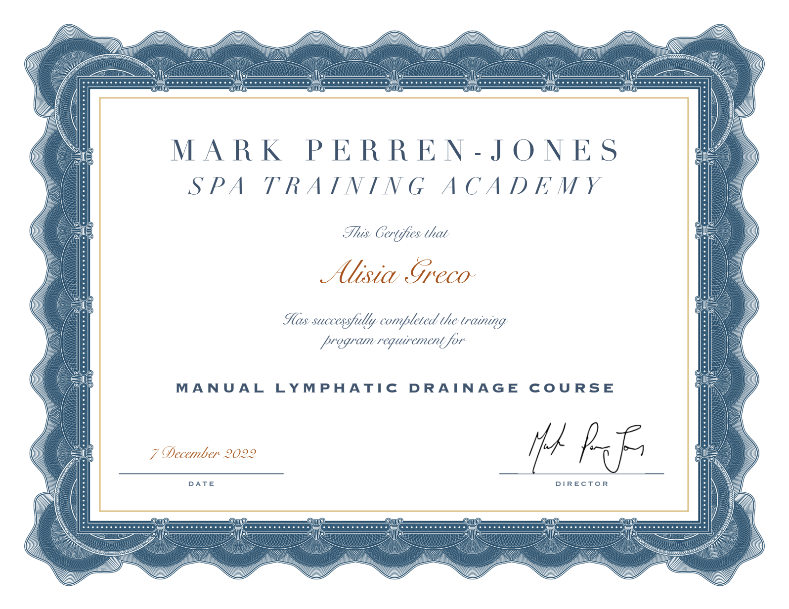Certificate of completion awarded to Alisia Greco from Mark Perren-Jones Spa Training Academy for a manual lymphatic drainage course on December 7, 2022.