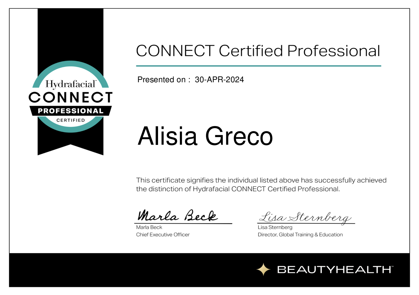 Hydrafacial CONNECT Certified Professional certificate awarded to Alisia Greco, dated April 30, 2024, signed by Marla Beck and Lisa Sternberg, with BeautyHealth branding at the bottom.