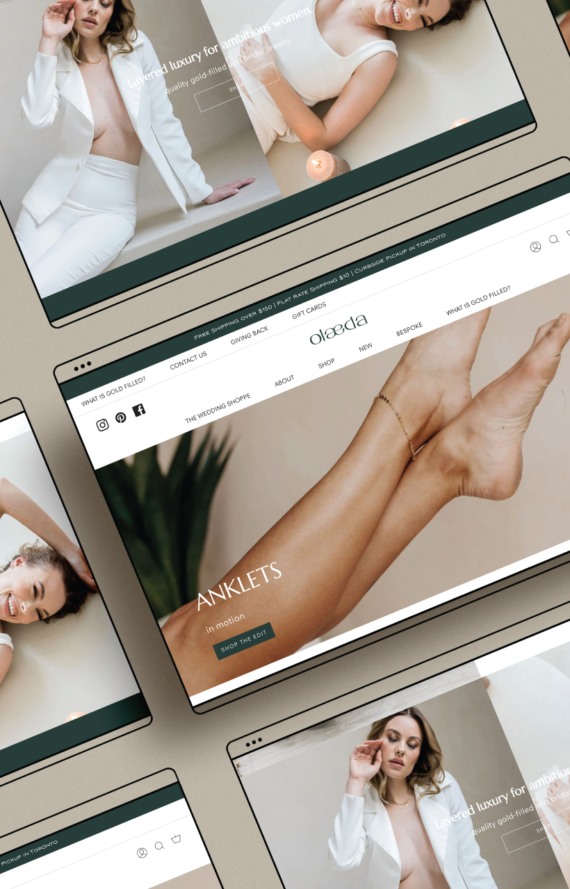 Multiple computer screens displaying a jewelry website, featuring images of women wearing jewelry and jewelry items like anklets.