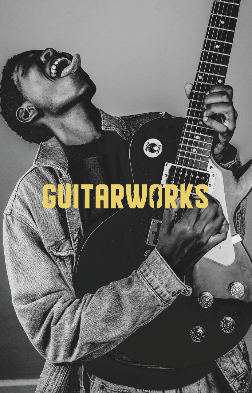 A person playing an electric guitar with the word 'GUITARWORKS' overlaid in yellow text.