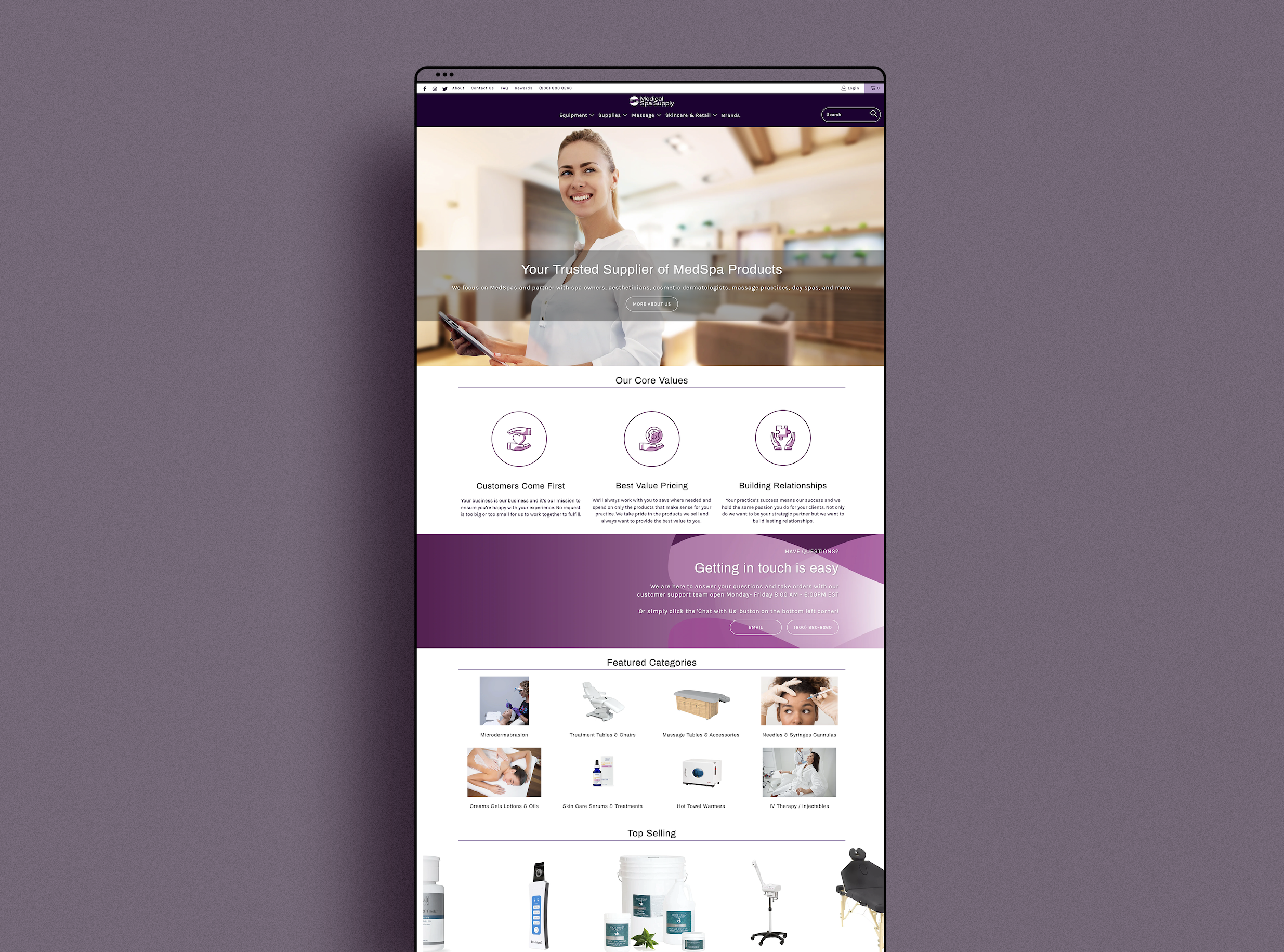 Screenshot of a website homepage for MedSpa Products, featuring a smiling woman holding a tablet, with sections about core values, contact info, categories of medical spa supplies, and top-selling products.