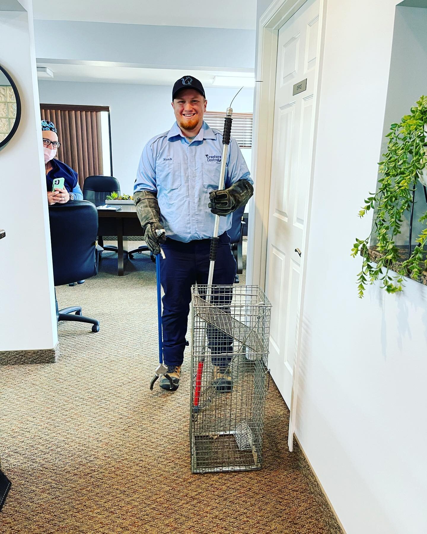 A HUGE shout out to out technician, Noah from Creature Control!! He came immediately, FOUND &amp; humanely trapped a feral cat 🐈&zwj;⬛ that snuck into our office sometime over the last few days! 

He was super professional even after the cat sprayed