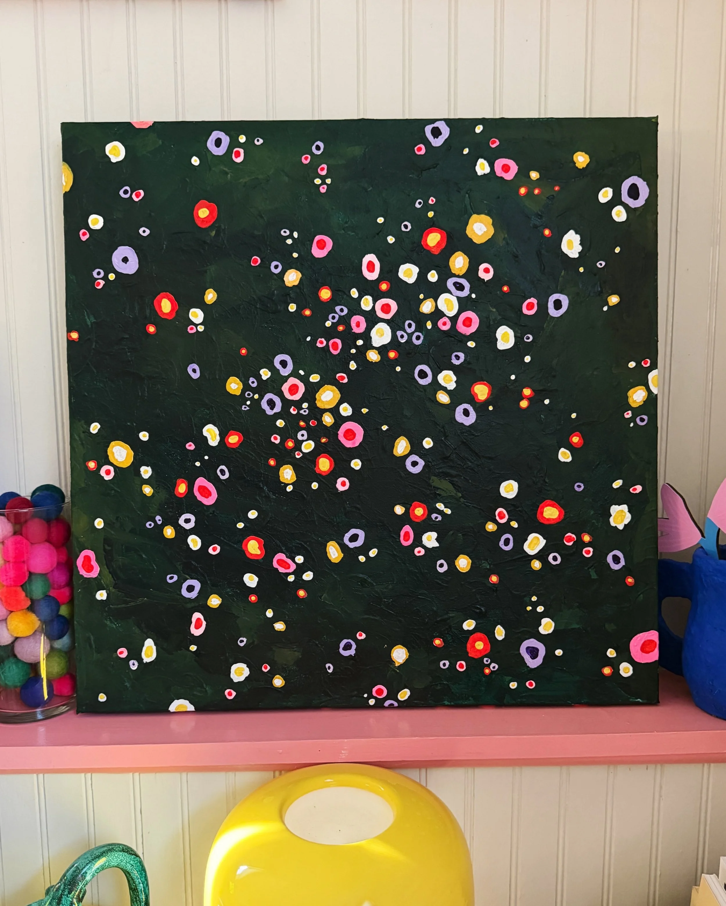 A personal favorite. I&rsquo;ve been struggling this last week to take a picture that captures all of the nuanced and moody greens. This was the best I could do and I couldn&rsquo;t wait to share any longer! 

Confetti Field 
20x20&rdquo; acrylic/gou