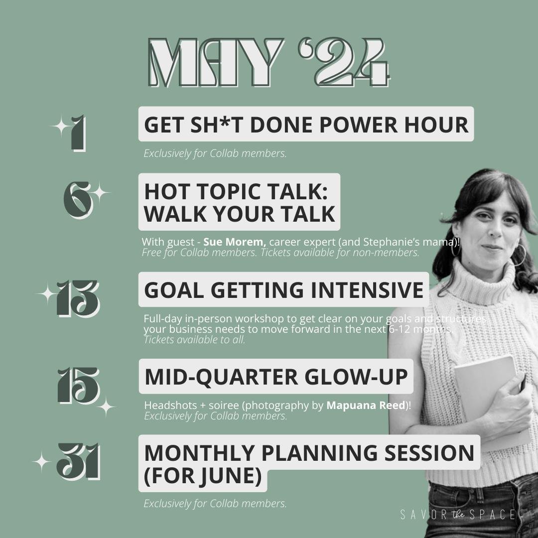 🗓 MAY 1: Get Sh*t Done Power Hour
This has been the most sought-after session in my program offerings over the past few years. Uninterrupted time to get-it-done, while being held accountable. You'd be amazed at what you can do when you commit to foc