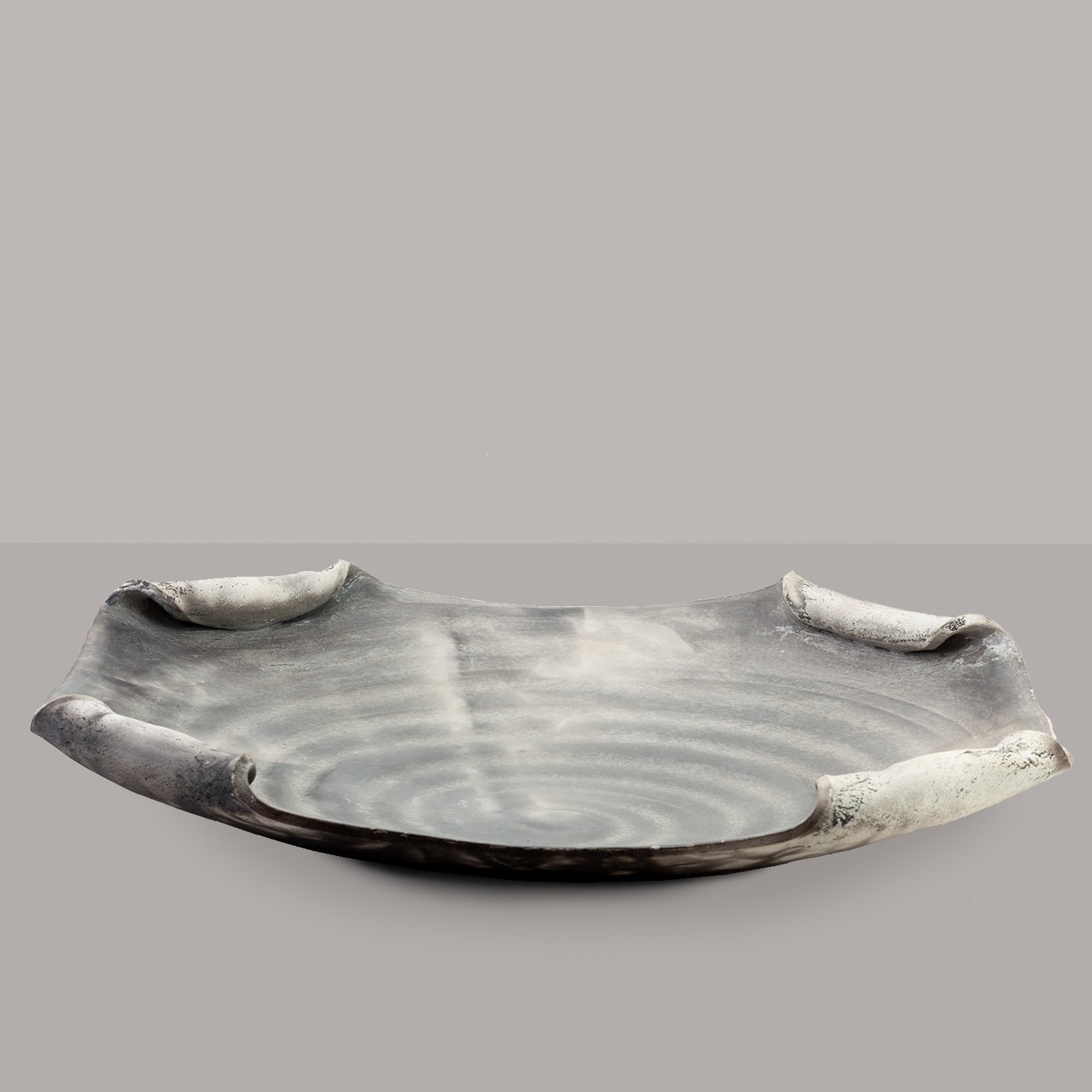 JOHN DUNN_large square raku platter with the four corners rolled inwards covered in iridescent pale grey and white glaze_1_1.jpg