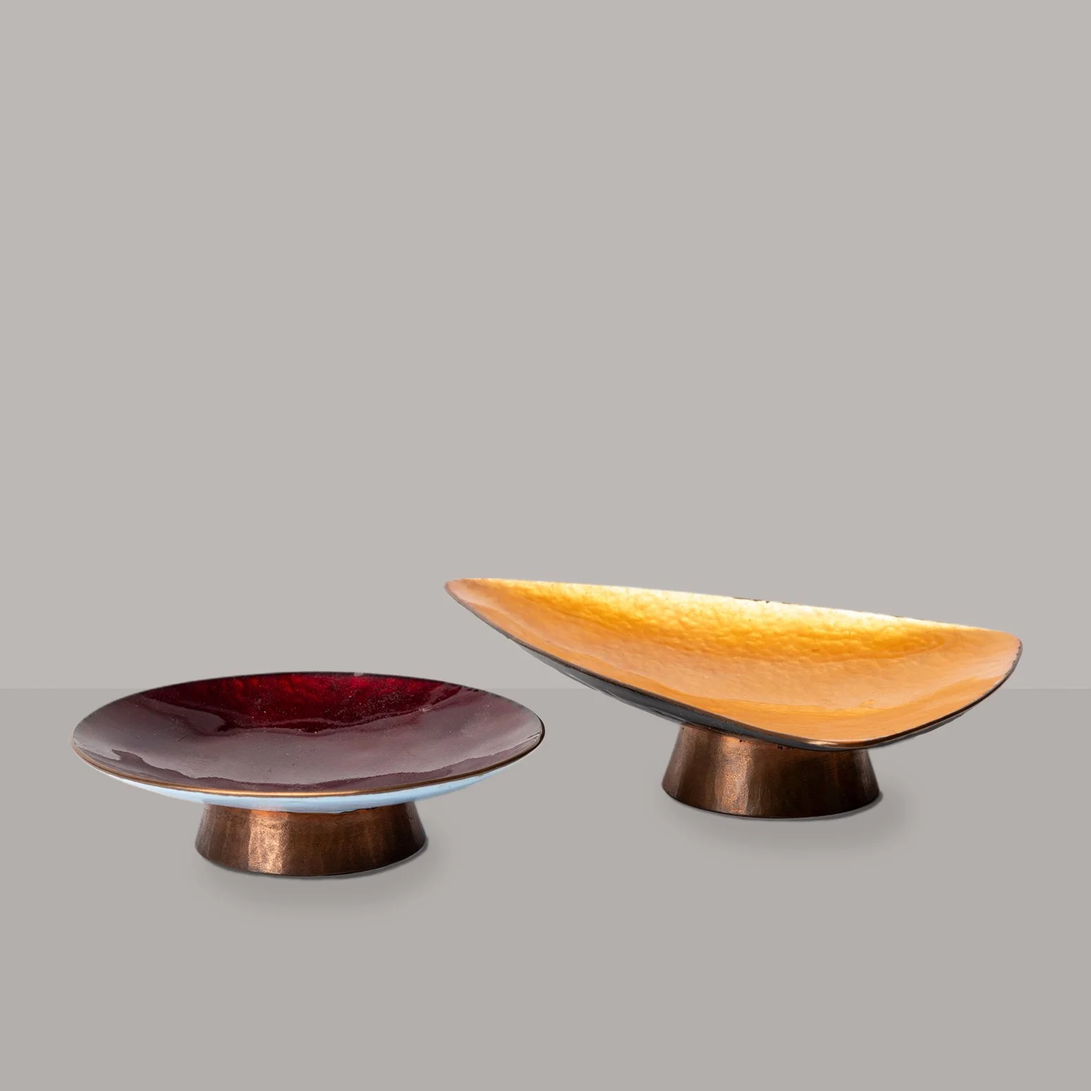 Pair of Coloured Enamelled Copper Dishes