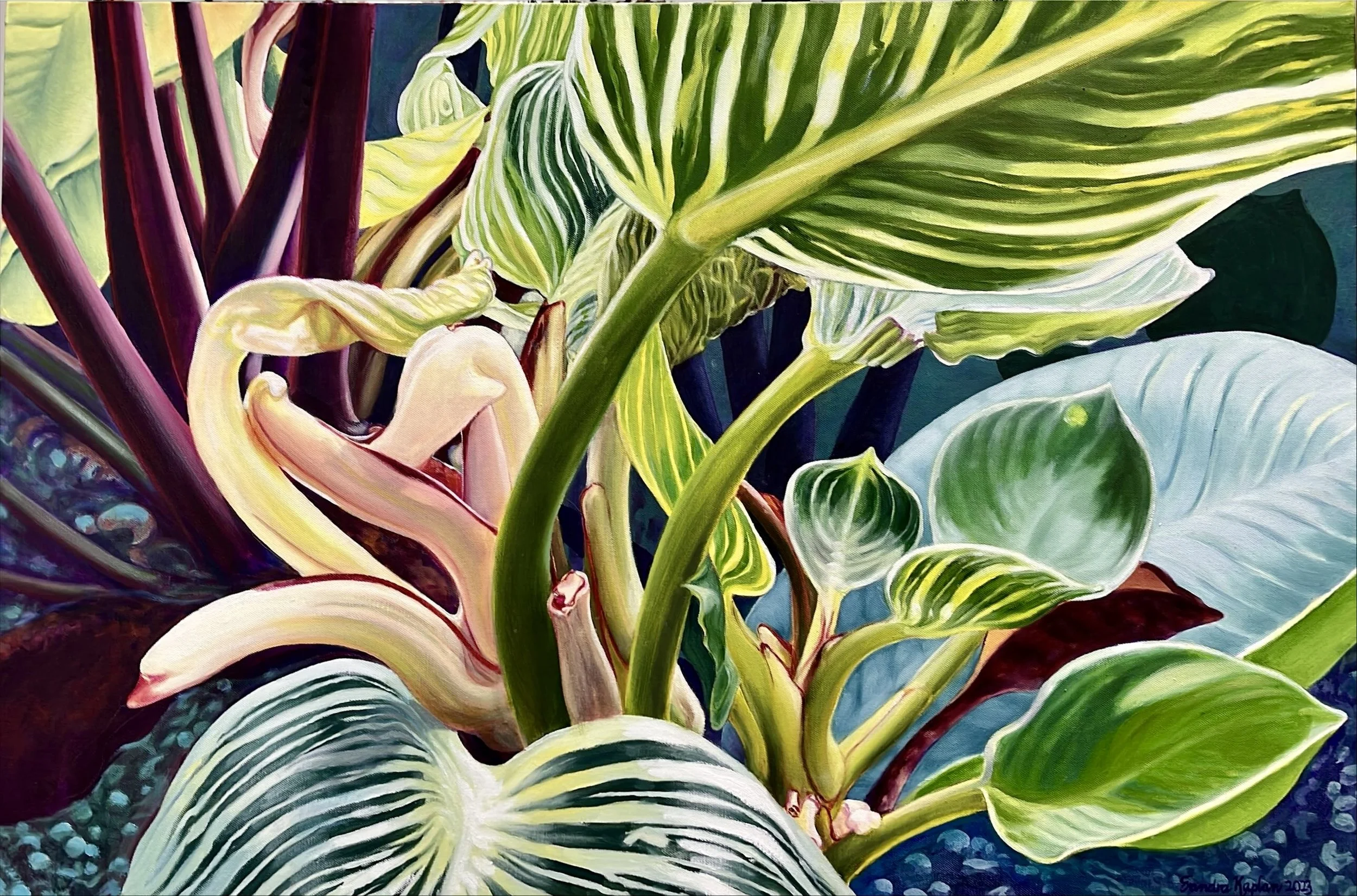 "Stripe Obsessed", oil on canvas, 24" x 36"