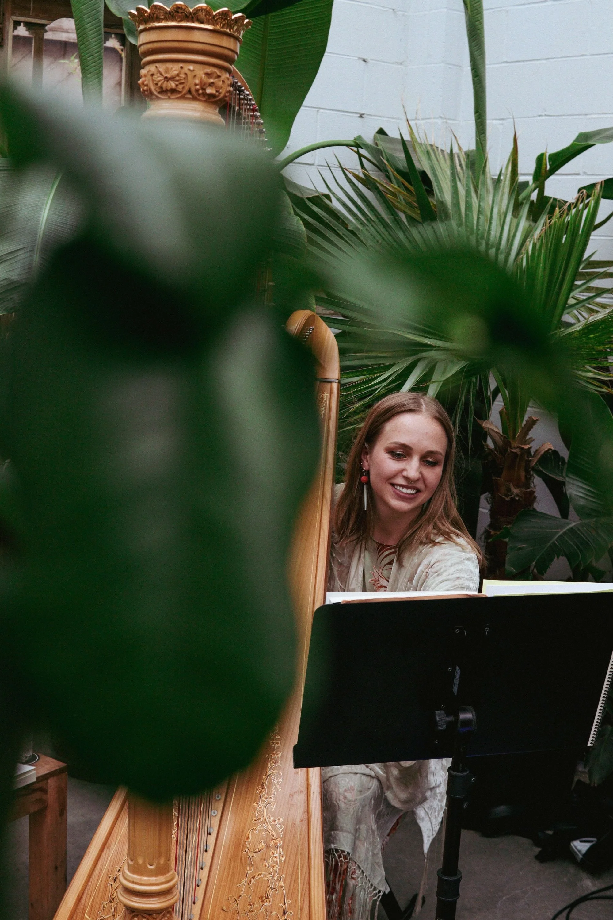 A woman playing a harp among large green tropical plants, with a white brick wall in the background.