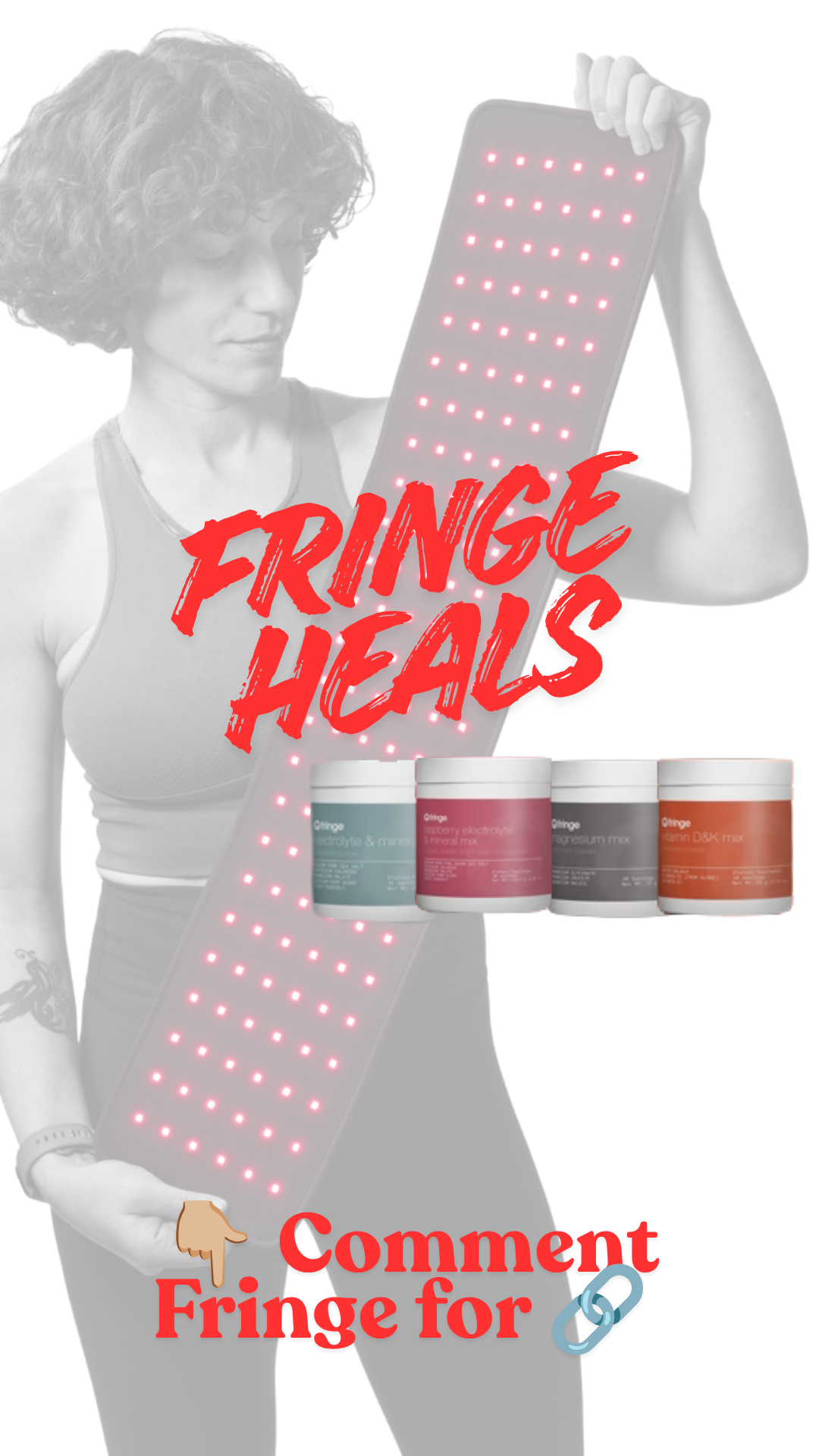 A woman holding Red light therapy technology wrap red and infrared healing light for inflammation, cell repair, tissue healing, mitochondria support, muscle pain, aches, menstrual cramps, disc, ligaments, post surgery, post-op healing, endometriosis