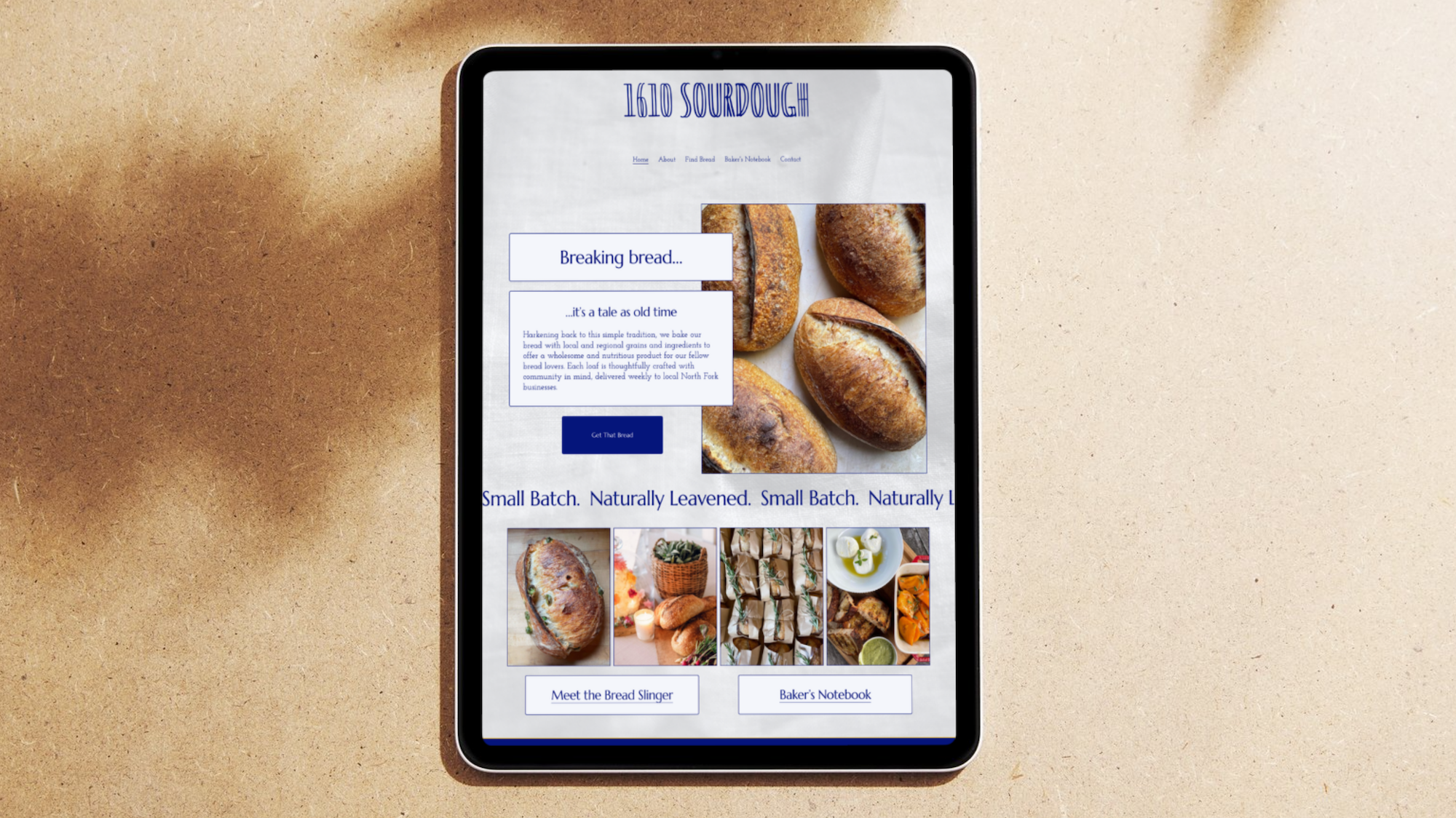 iPad tablet featuring website homepage design for 1610 Sourdough on the North Fork of Long Island