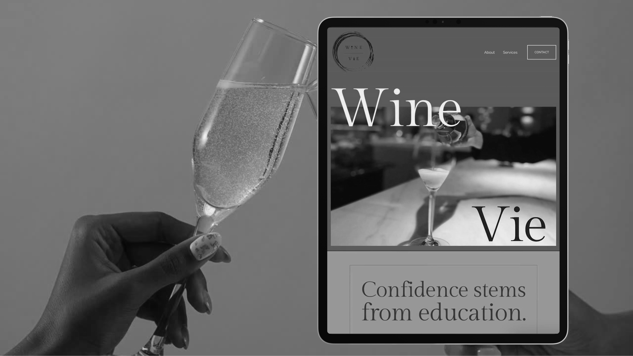 Wine Vie Website on a tablet with a cheers