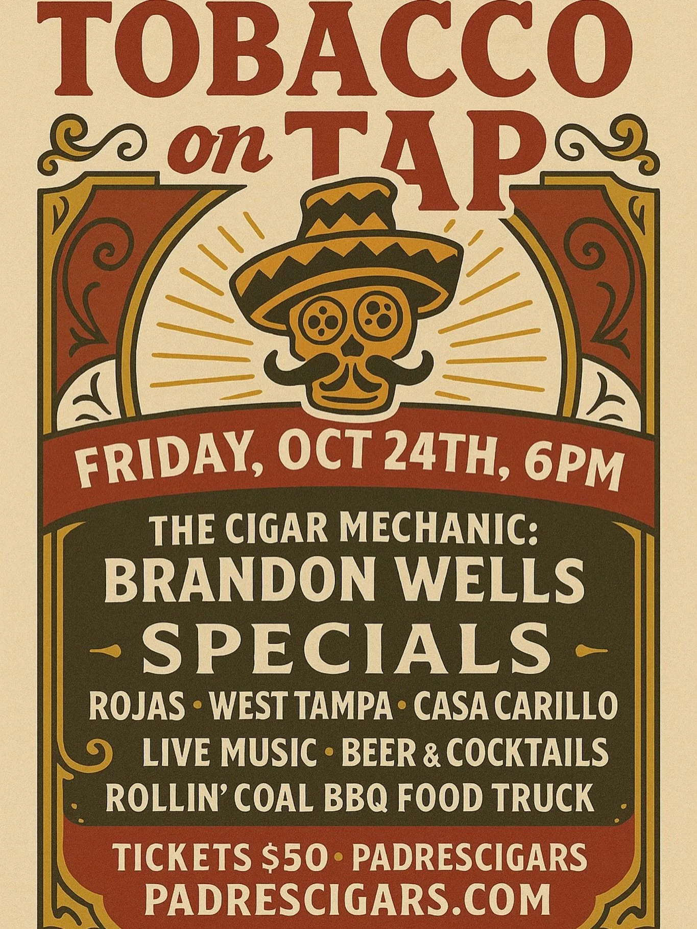 Get your tickets for our last Tobacco on Tap of the year! We&rsquo;re welcoming @rojascigars to the humidor with @cigarmechanic. Grab some grub from @rollincoal505bbq and a drink from @abq.barkeeps . Specials on @casacarrillocigars @westtampatobacco 